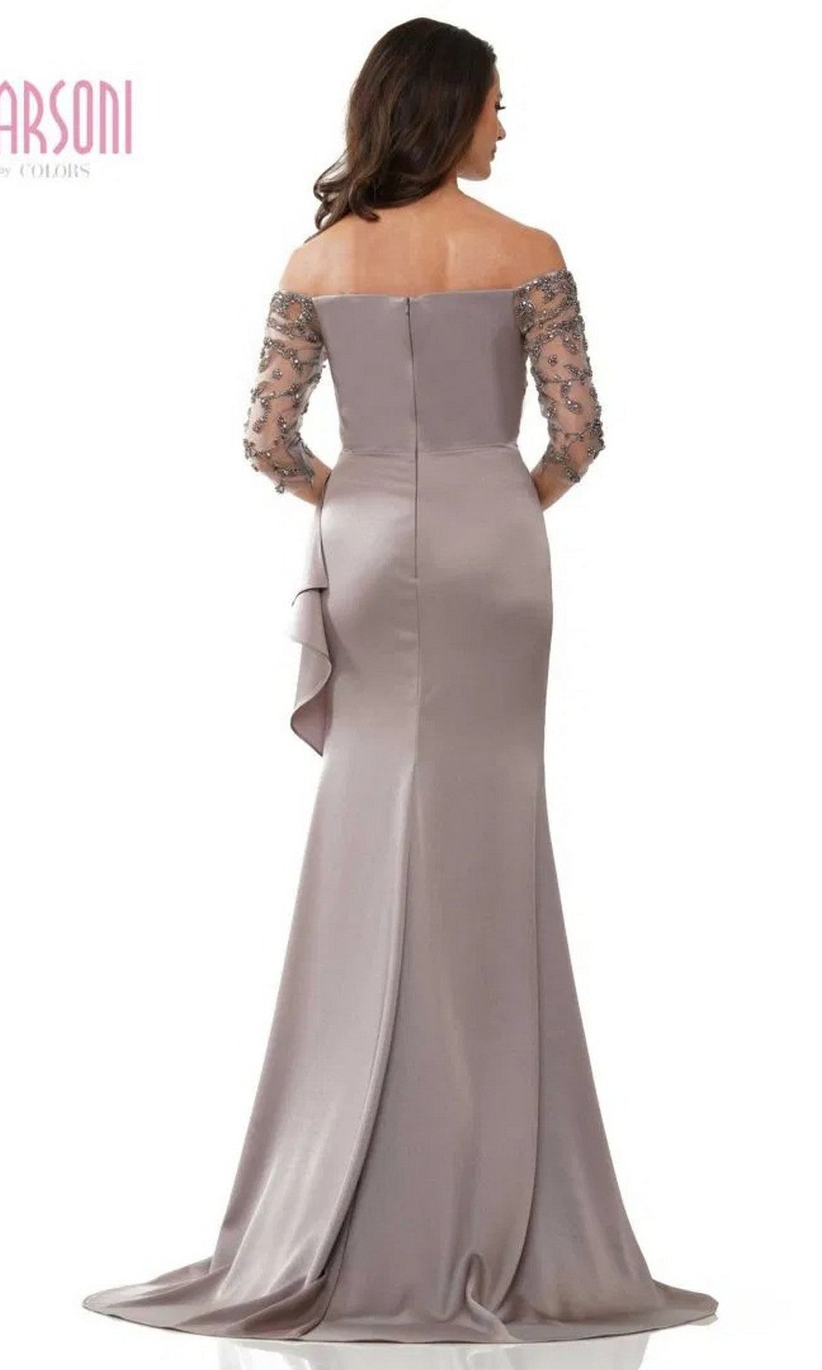 A woman faces away from the camera in a Marsoni MV1254 long formal dress—an off-shoulder, floor-length mauve gown with sheer beaded sleeves and a fitted bodice.